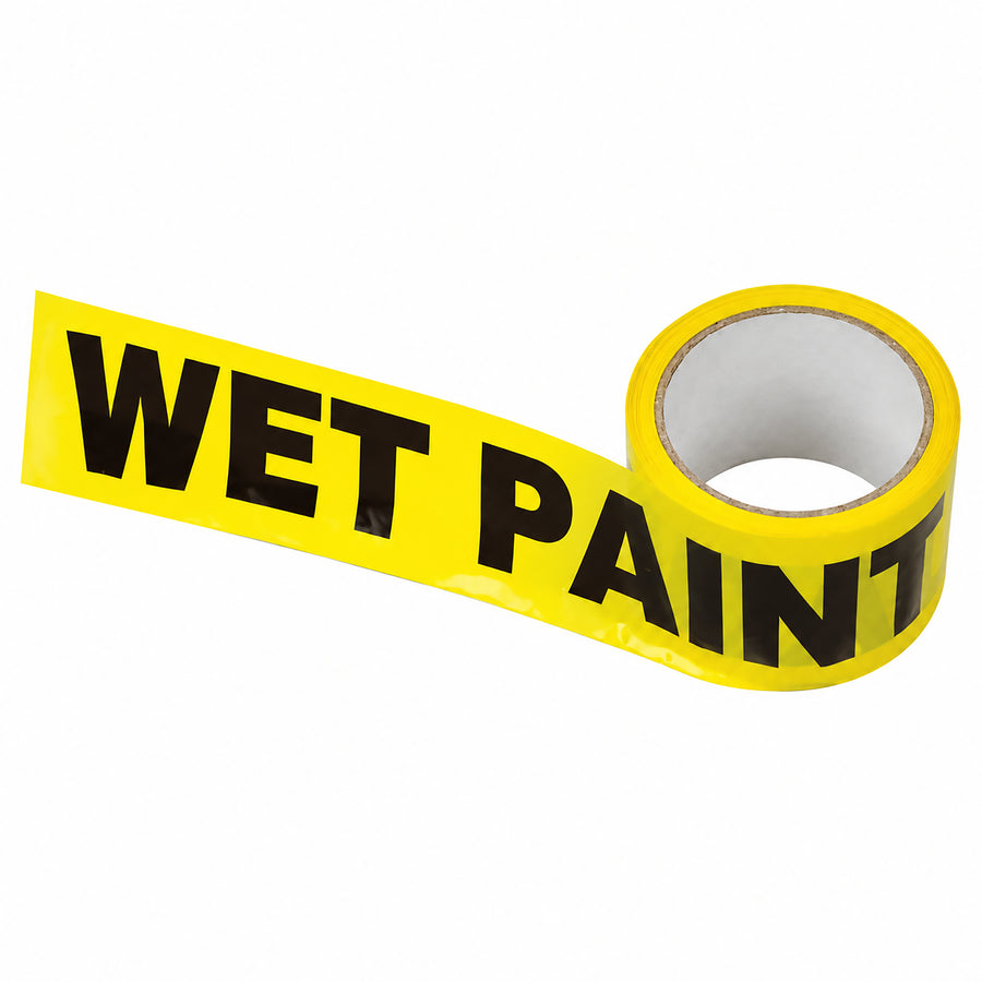 UNi-PRO yellow safety banner tape printed with bold black "WET PAINT" warning text.