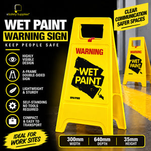 Folding plastic warning sign printed on both sides with "CAUTION WET PAINT" for site safety and surface protection.