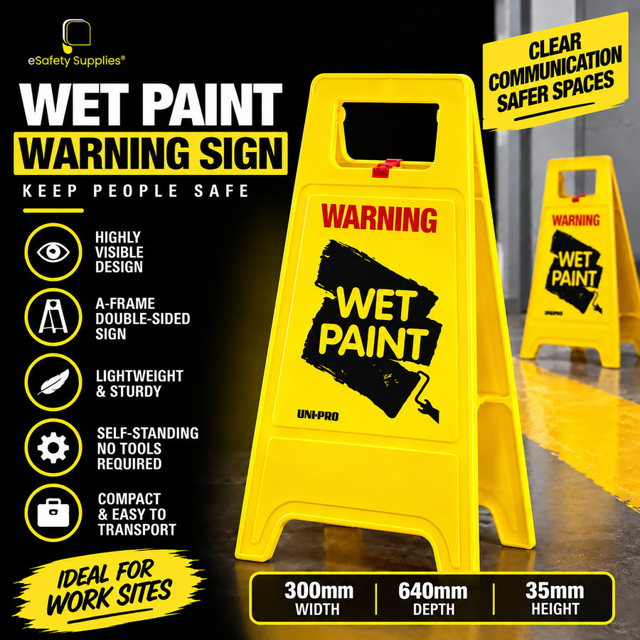 Folding plastic warning sign printed on both sides with "CAUTION WET PAINT" for site safety and surface protection.