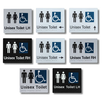210mm x 180mm textured acrylic braille sign featuring raised tactile accessibility symbols, "Unisex Accessible Toilet" text, and Grade 1 Braille cells.