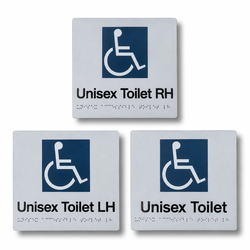 180mm x 180mm blue and white acrylic braille sign featuring raised tactile unisex disabled symbols, text, and Grade 1 Braille dots.