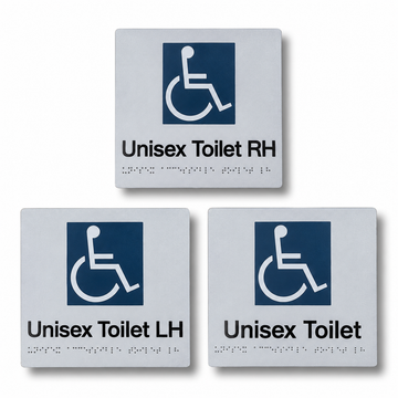 180mm x 180mm blue and white acrylic braille sign featuring raised tactile unisex disabled symbols, text, and Grade 1 Braille dots.