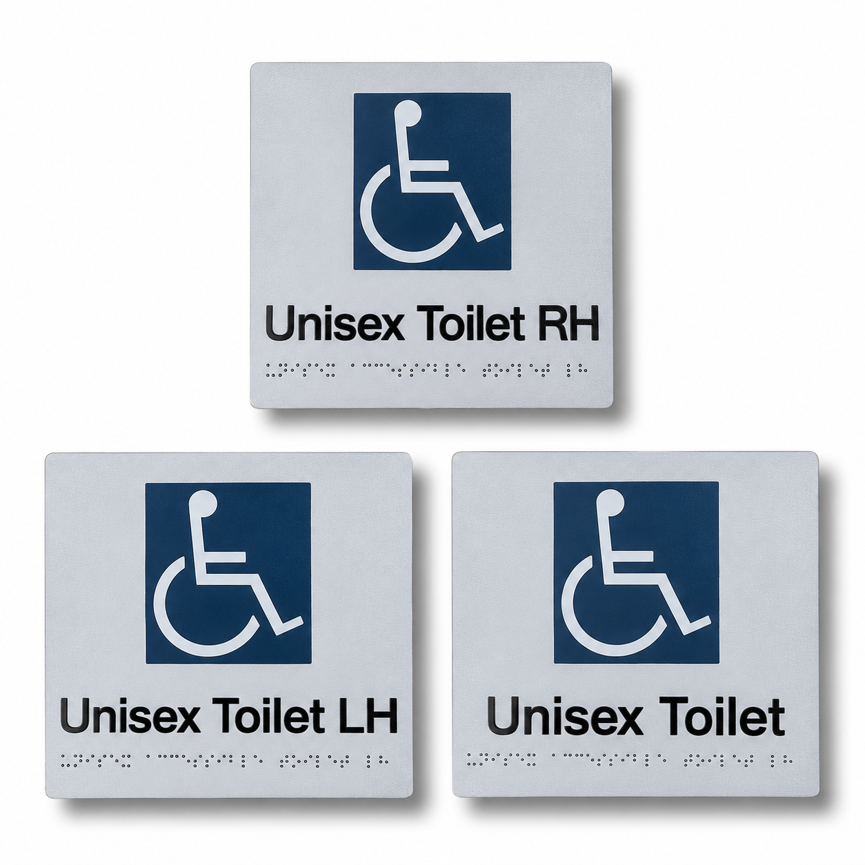 180mm x 180mm blue and white acrylic braille sign featuring raised tactile unisex disabled symbols, text, and Grade 1 Braille dots.