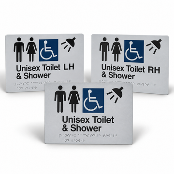 235mm x 180mm textured acrylic braille sign featuring raised tactile accessibility symbols, "Unisex Toilet & Shower (Accessible)" text, and Grade 1 Braille cells.