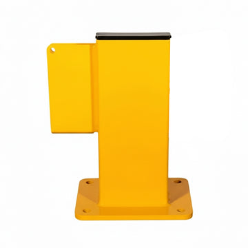Unleashed Bump Rail End Post, Heavy-Duty Steel Terminal Post with Floor-Mounted Base Plate for Warehouse Safety Barriers.