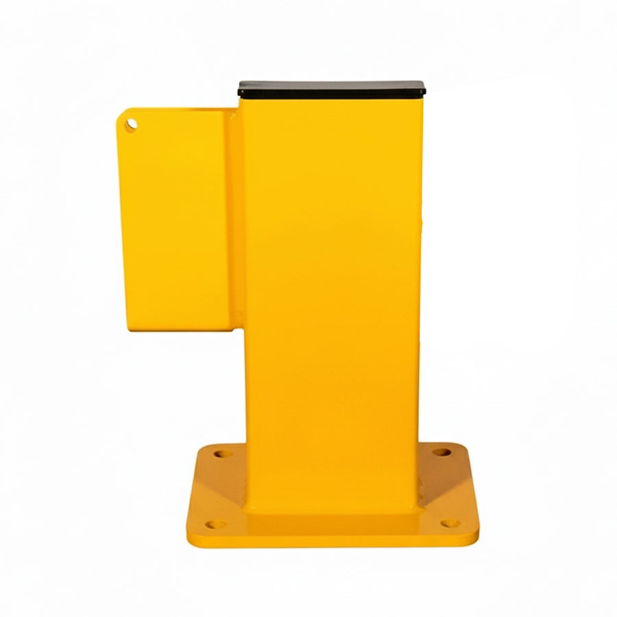 Unleashed Bump Rail End Post – yellow heavy-duty steel floor-mounted warehouse barrier termination post