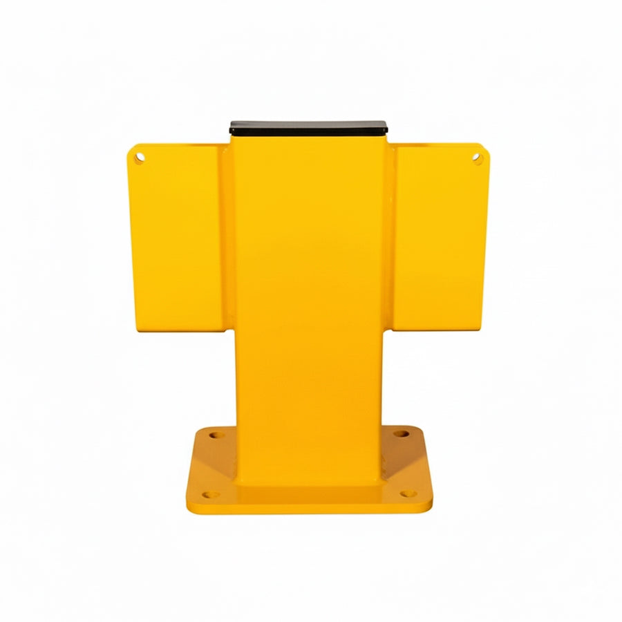 Unleashed Bump Rail Middle Post, Heavy-Duty Steel Warehouse Barrier Support with Floor-Mounted Base Plate for Forklift Protection.