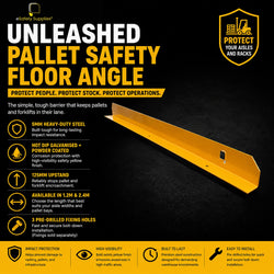 Heavy-duty 5mm steel safety floor angle in powdercoated safety yellow with a 125mm upstand and pre-drilled fixing holes.