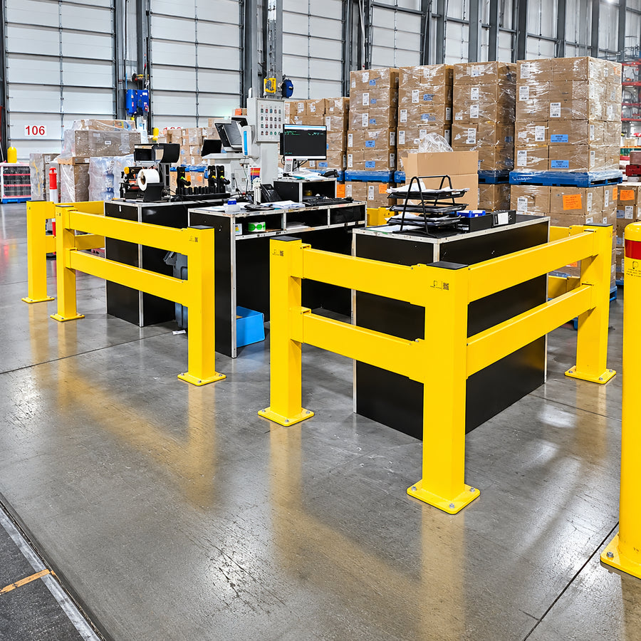 High-visibility modular pedestrian barrier system featuring yellow safety posts and horizontal rails for industrial walkway separation.