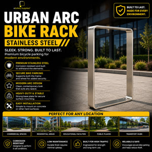 Close-up of the Urban Arc Stainless Steel Bike Rack Base Plate, showing pre-drilled holes on the heavy-duty 8mm steel flange for secure concrete anchoring.