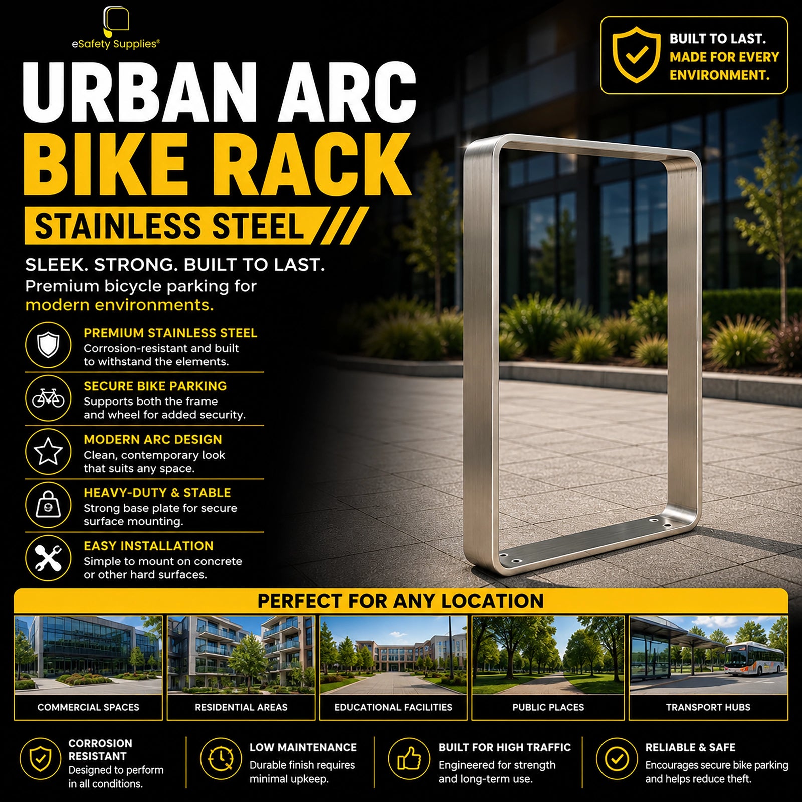 Close-up of the Urban Arc Stainless Steel Bike Rack Base Plate, showing pre-drilled holes on the heavy-duty 8mm steel flange for secure concrete anchoring.