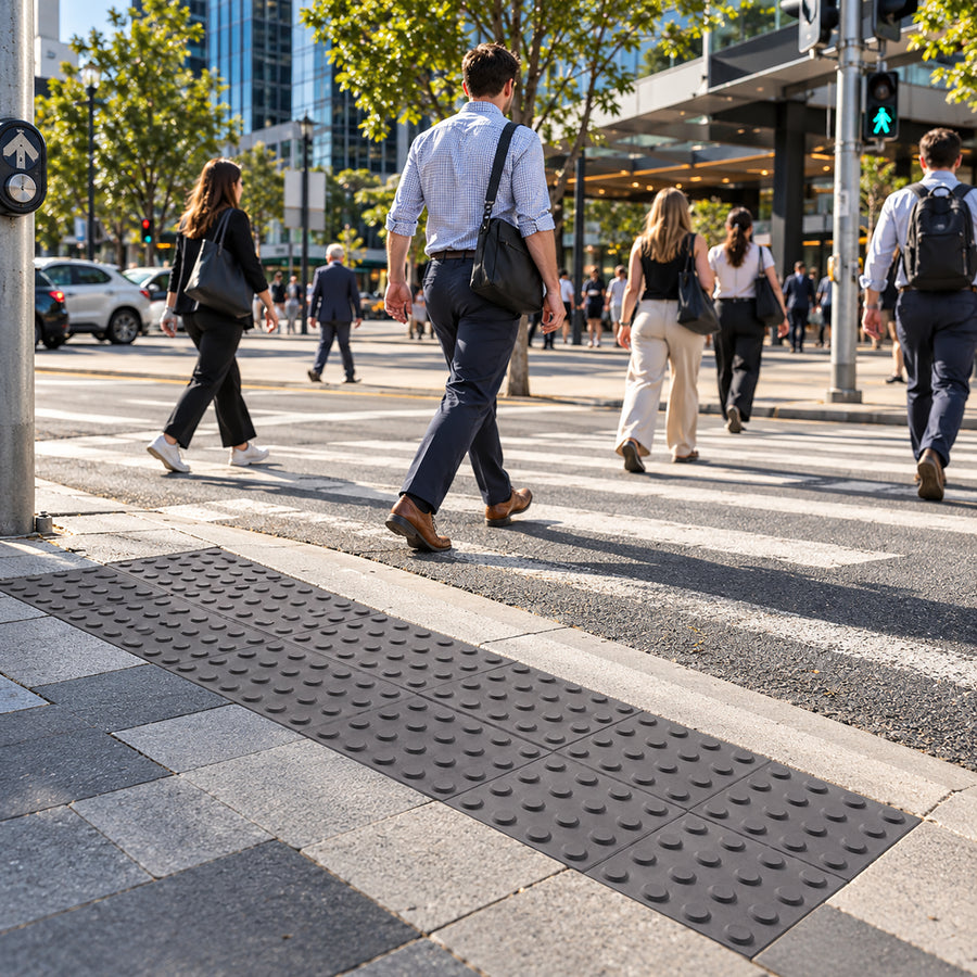 Australian-made concrete hazard warning tactile paver with P5 slip-resistant raised studs for vision-impaired pedestrian navigation.