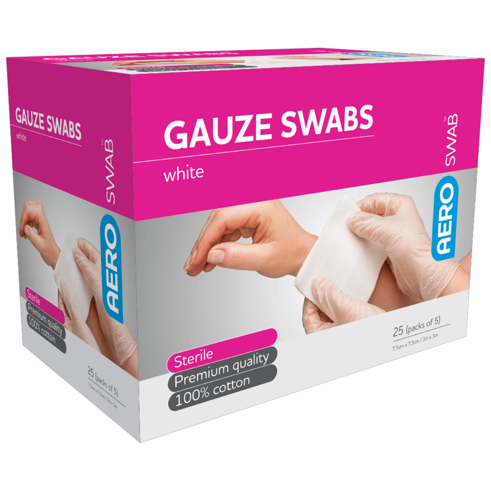 AEROSWAB Sterile White Gauze Swab 7.5 x 7.5cm (Packs of 5) Box/25