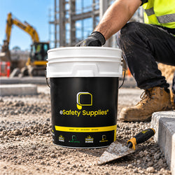 White industrial plastic pail featuring a tamper-evident drop-safe lid and a metal carry handle with a plastic grip.