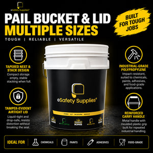 Heavy-duty white polypropylene food-grade pail bucket with a tamper-evident airtight lid and metal wire handle.