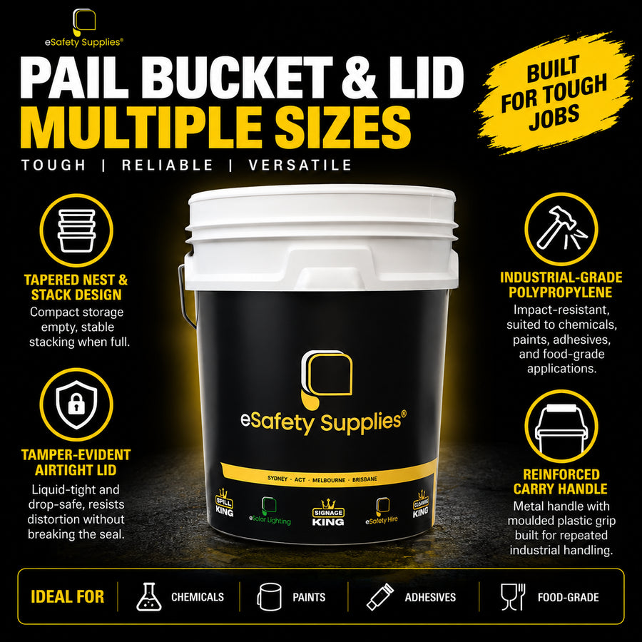 Heavy-duty white polypropylene food-grade pail bucket with a tamper-evident airtight lid and metal wire handle.