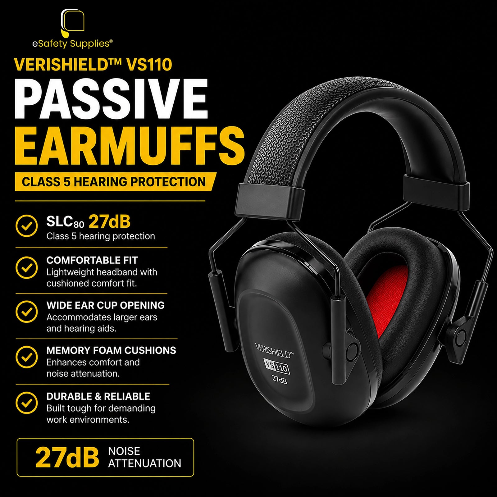 VeriShield VS110 Class 5 passive hearing protection earmuffs.