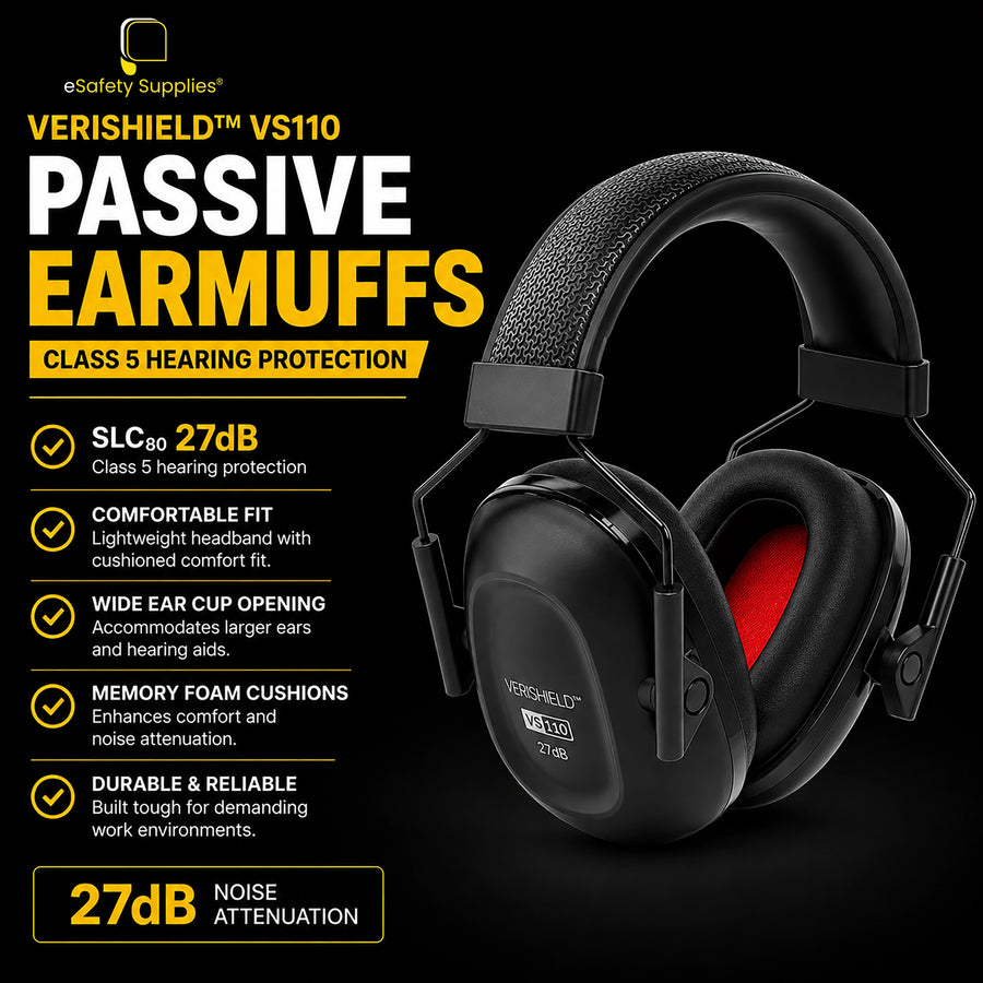 VeriShield VS110 Class 5 passive hearing protection earmuffs.