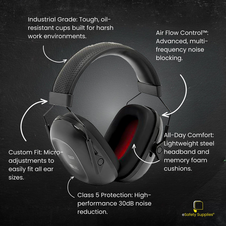 Close-up of the VeriShield Memory Foam Cushions, showing the spacious cup opening designed for comfort and hearing aid compatibility.