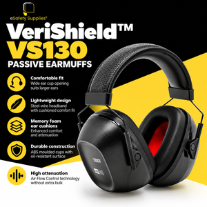 Lightweight black and red VeriShield VS130 noise-reduction earmuffs featuring an oil-resistant ABS cup shell and memory foam cushions.