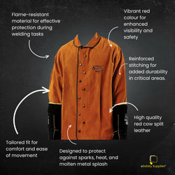 Close-up of the Red Leather Welding Jacket highlighting the reinforced Kevlar stitching and durable split-leather surface.