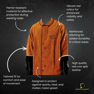 Close-up of the Red Leather Welding Jacket highlighting the reinforced Kevlar stitching and durable split-leather surface.