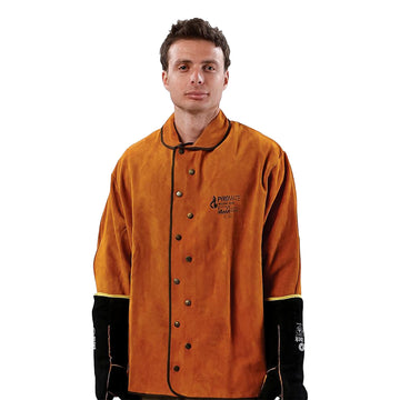 Heavy-Duty Cow Split Leather Welding Jacket with Kevlar Stitching and Double-Stud Closure.