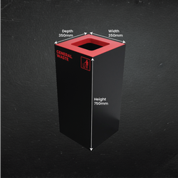 Waste Recycling Station Bin with Red Lid, 52L Matte Black Galvanised Steel General Waste Bin for Offices and Schools