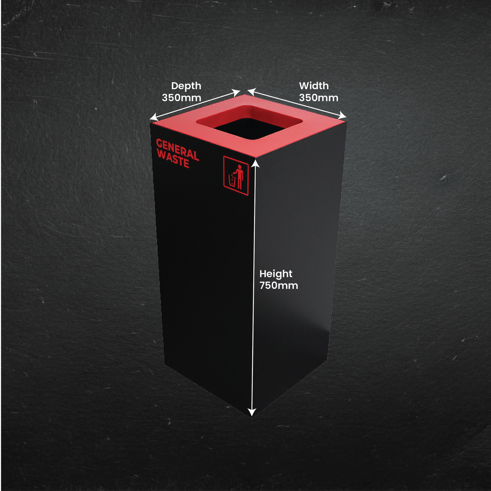 Waste Recycling Station Bin with Red Lid, 52L Matte Black Galvanised Steel General Waste Bin for Offices and Schools