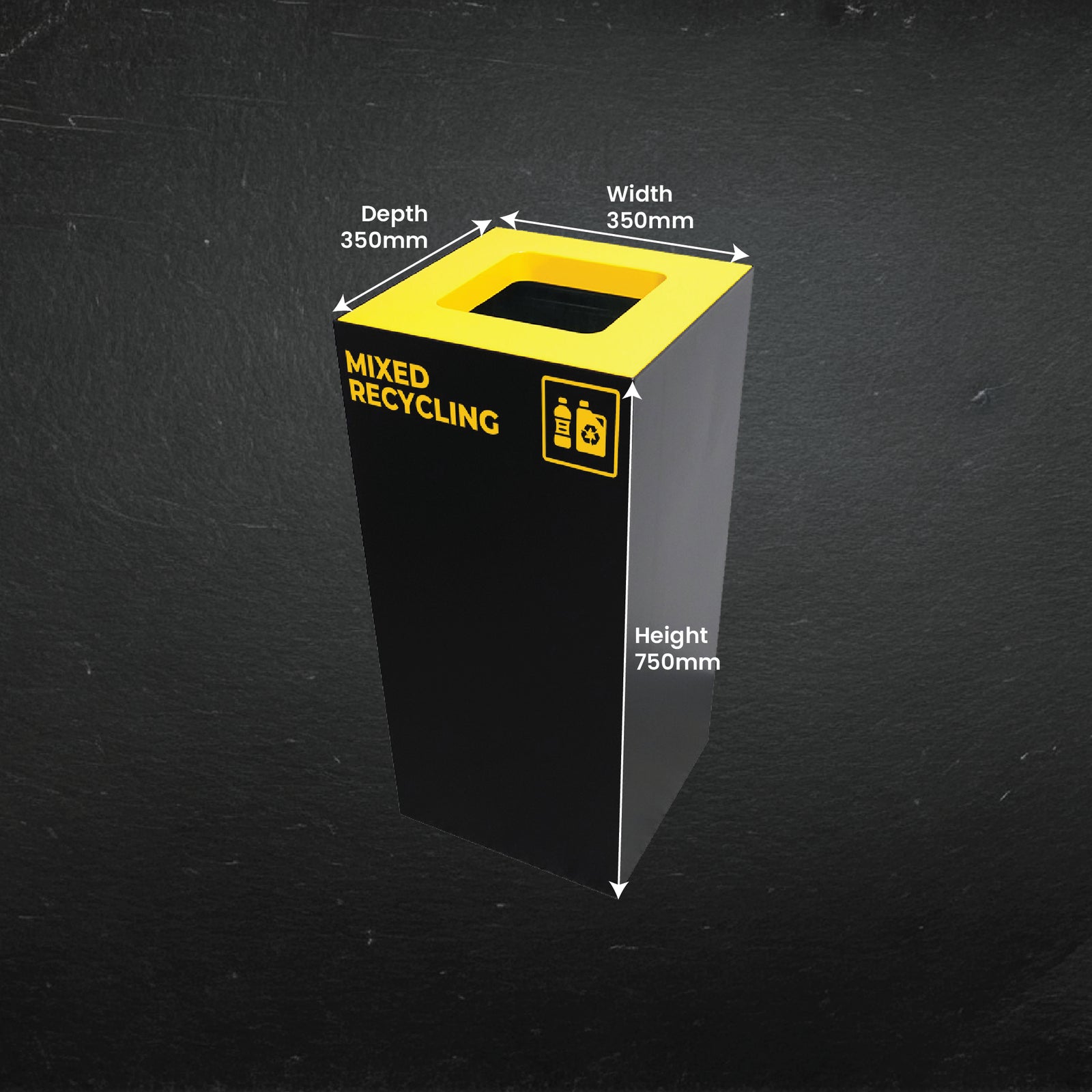 52 Litre Mixed Recycling Bin featuring a removable galvanised steel internal liner and Australian standard yellow colour-coded open top lid.