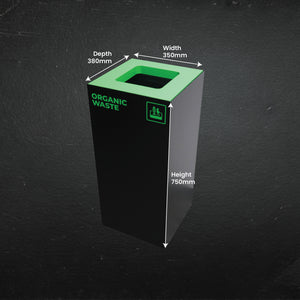 Waste Recycling Station Bin with Green Lid, 52L Matte Black Galvanised Steel Organic and Food Waste Bin for Offices and Cafes.