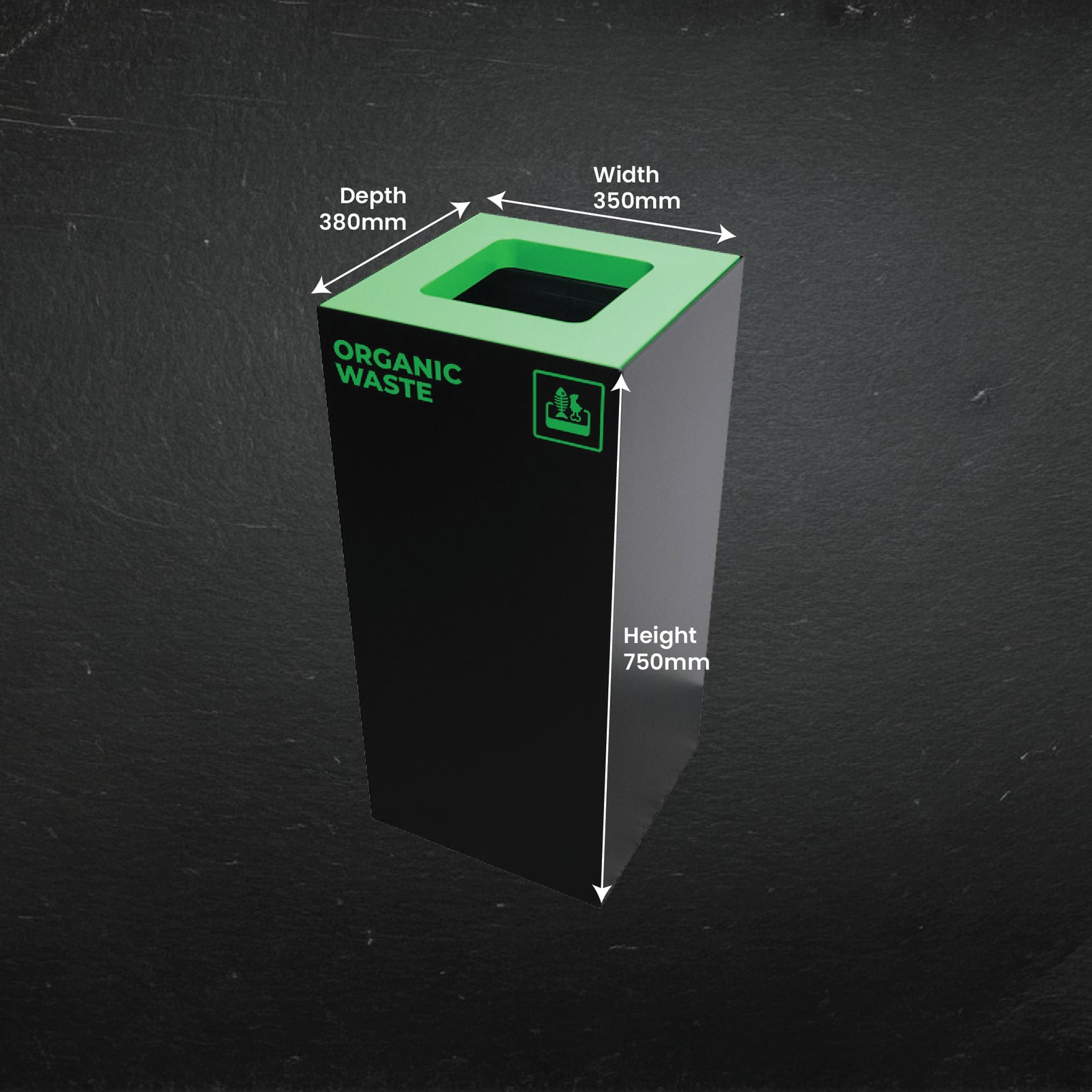 Waste Recycling Station Bin with Green Lid, 52L Matte Black Galvanised Steel Organic and Food Waste Bin for Offices and Cafes.