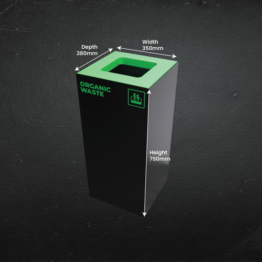 Waste Recycling Station Bin with Green Lid, 52L Matte Black Galvanised Steel Organic and Food Waste Bin for Offices and Cafes.