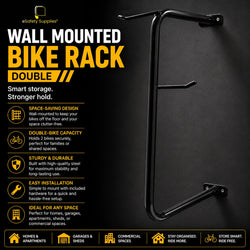Wall-mounted double bike rack holding two bicycles vertically, available in powder coated black and galvanised steel finishes.