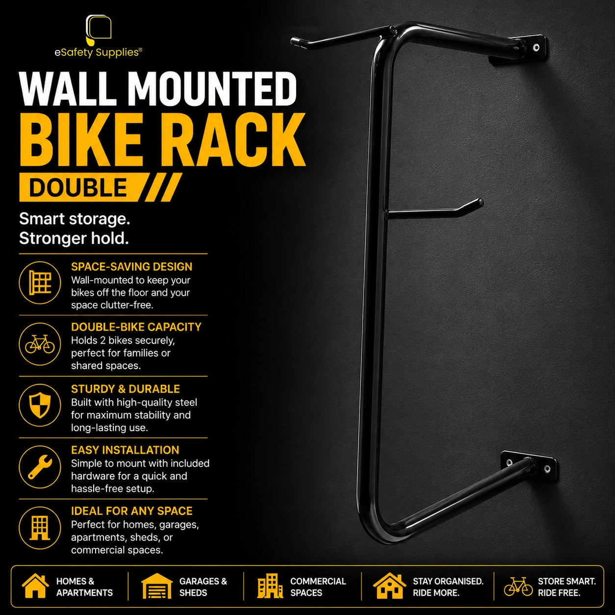 Wall-mounted double bike rack holding two bicycles vertically, available in powder coated black and galvanised steel finishes.
