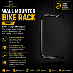 A wall-mounted eSafety bike rack holding a bicycle vertically against a wall, showcasing a space-saving storage solution for garages, apartments, or commercial parking.