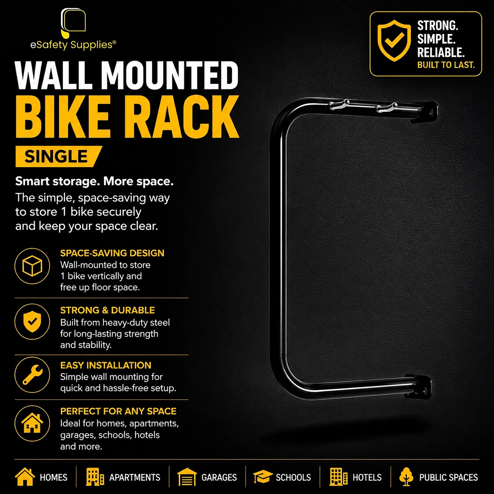 A wall-mounted eSafety bike rack holding a bicycle vertically against a wall, showcasing a space-saving storage solution for garages, apartments, or commercial parking.
