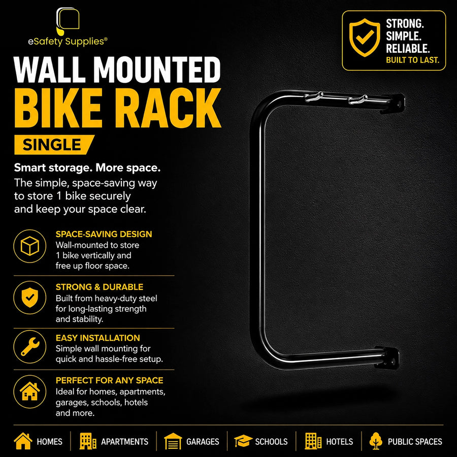 A wall-mounted eSafety bike rack holding a bicycle vertically against a wall, showcasing a space-saving storage solution for garages, apartments, or commercial parking.