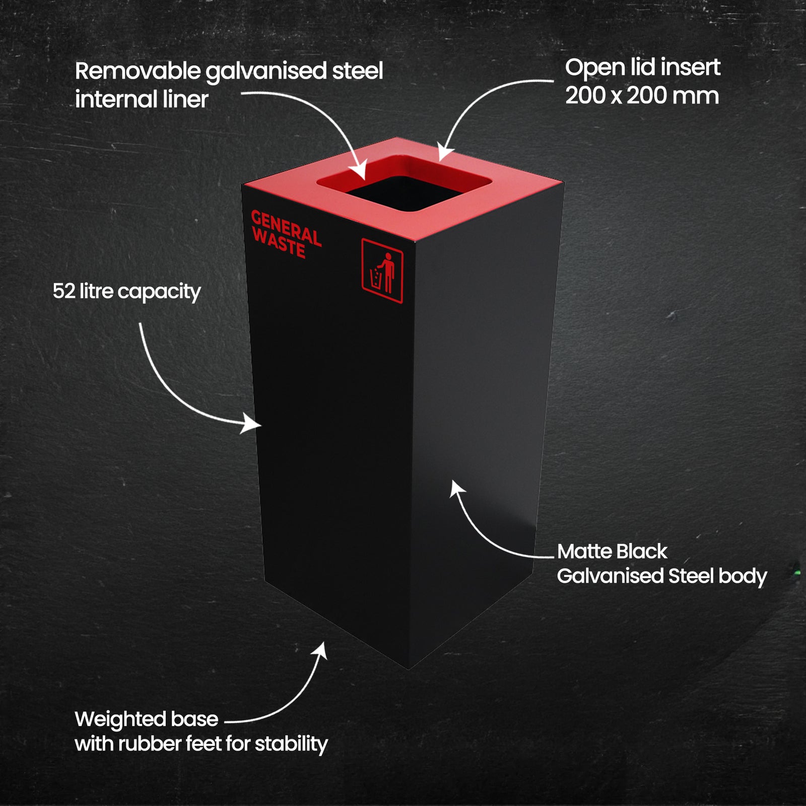 Waste Recycling Station Bin with Red Lid, 52L Matte Black Galvanised Steel General Waste Bin for Offices and Schools
