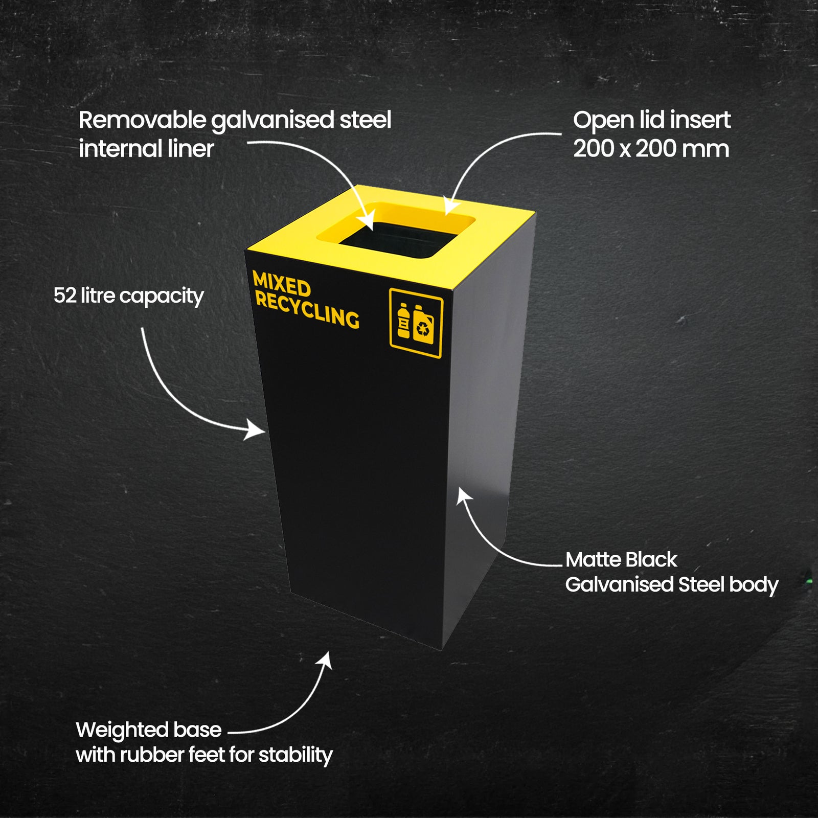Close-up of matte black powder-coated recycling bin with weighted base, rubber feet, and yellow 200mm square lid insert for touch-free disposal.