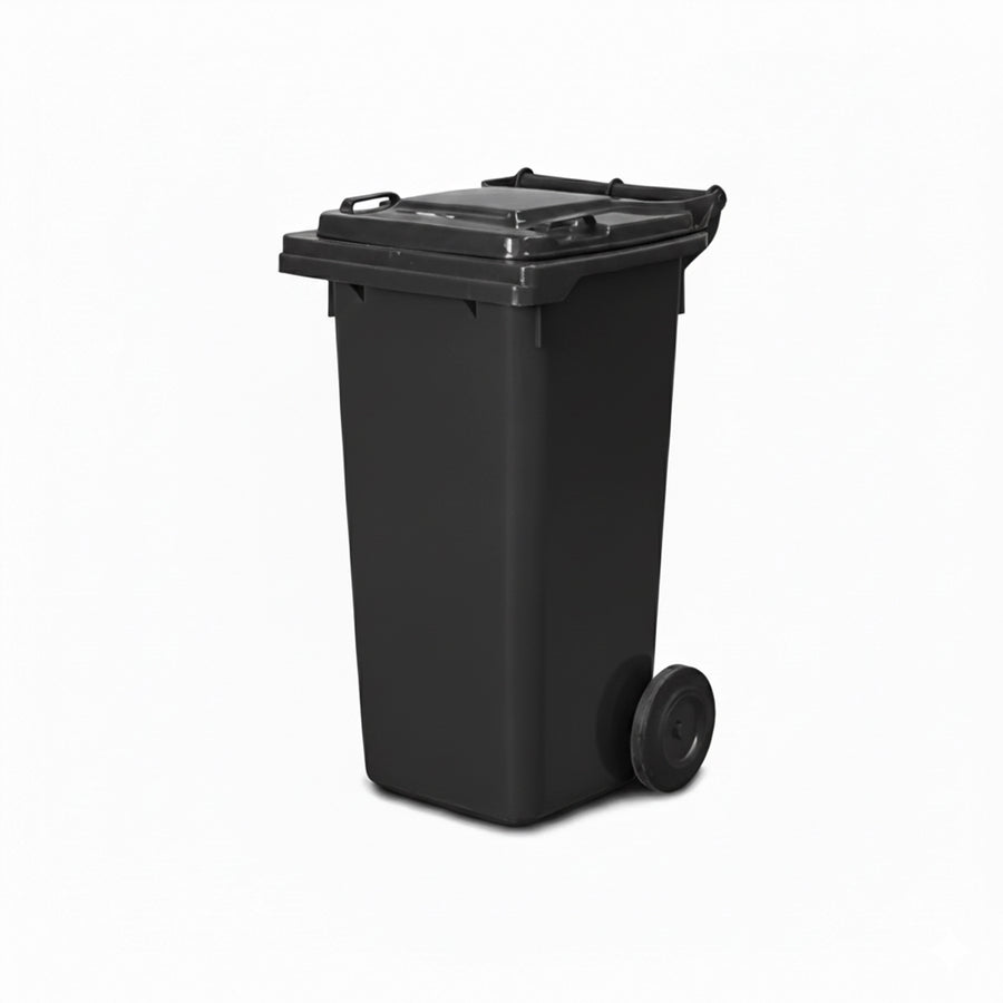 80 Litre mobile waste bin featuring a reinforced axle and large wheels for easy movement on driveways and construction sites.