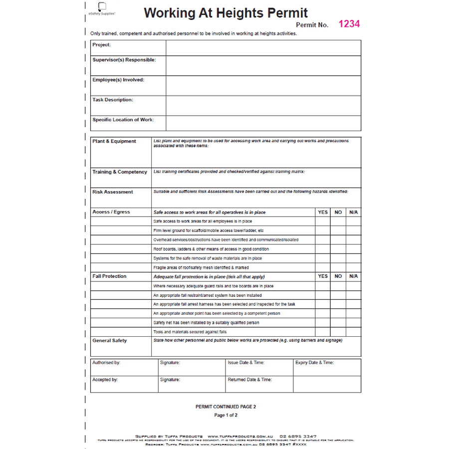 Working At Heights Permit Books