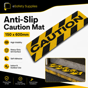 Anti-slip caution mat with yellow and black stripes and 'Caution' text, displayed on a promotional graphic for eSafety Supplies.
