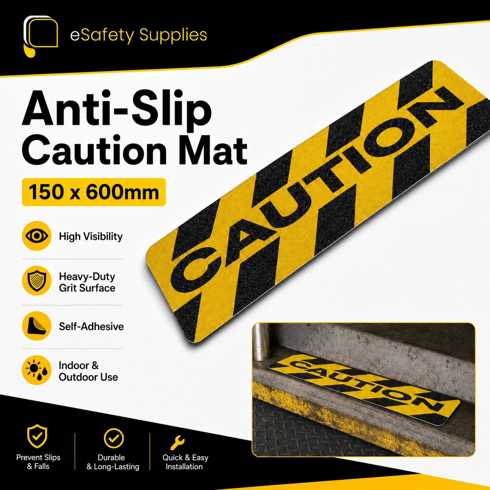 Anti-slip caution mat with yellow and black stripes and 'Caution' text, displayed on a promotional graphic for eSafety Supplies.