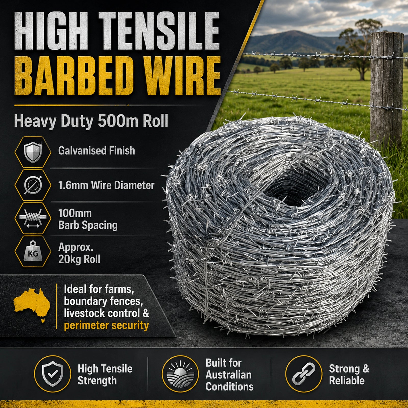 High Tensile Barbed Wire Roll – Heavy Duty (500m)