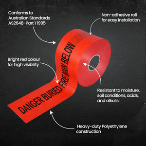 Red warning tape with text on a black background