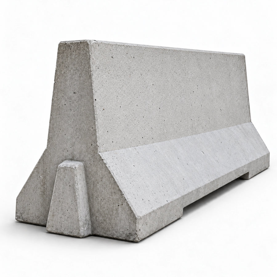Heavy-duty 3m x 800mm precast concrete Jersey barrier with interlocking ends and drainage slots for traffic management.