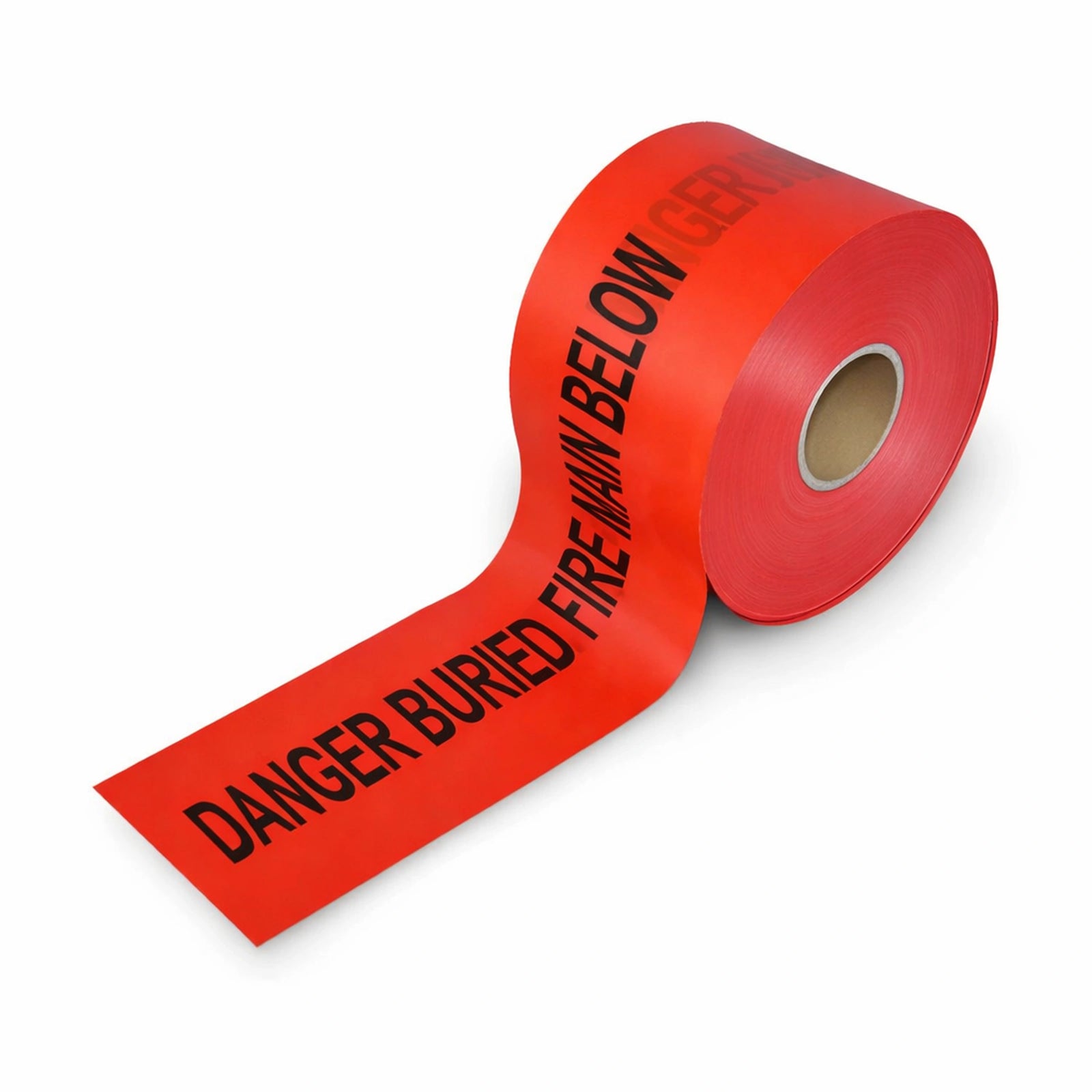 Roll of red warning tape with black text on a white background
