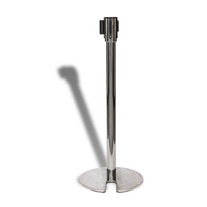 Retractable Belt Barrier Post - Stainless Steel - Black Belt - Stackable - Pedestrian Crowd Control Barrier