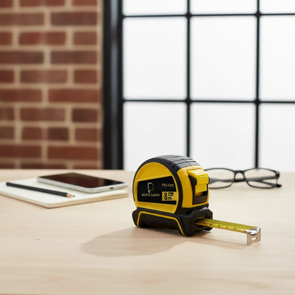 8-metre retractable steel tape measure with easy-to-read metric markings and durable locking mechanism for onsite renovations.